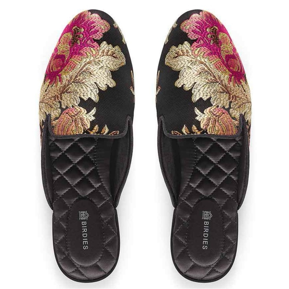Birdies The Phoebe Floral Slides Women’s Size 6 Black Gold Red‎